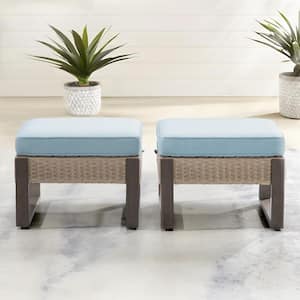 Wicker Outdoor Patio Ottoman with Steel Frame and Baby Blue Cushions (Set of 2)
