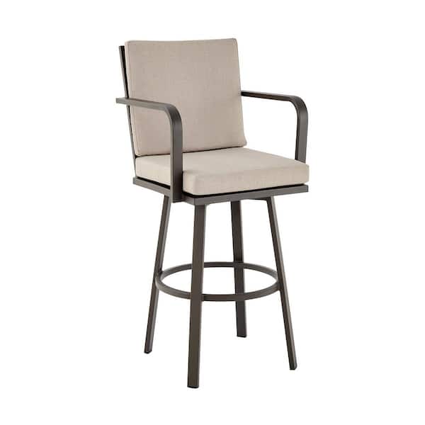 26 in. Seat H Swivel Black Aluminum Outdoor Bar Stool with Gray Cushions