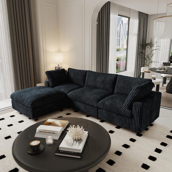 118 in. Square Arm Faux Rabbit Fur Velvet L-Shaped Modular Sofa Lawson Cloud Couch with Ottoman for Apartment in Black