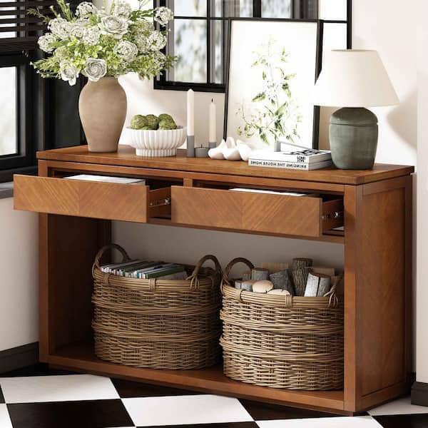 55 in. Honey Rectangle Wood Console Table Entryway Table