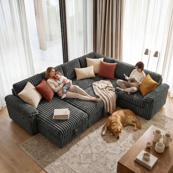 FUFU&GAGA 112 in. Square Arm Corduroy Fabric L-Shaped Storage Sofa