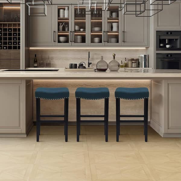 Jameson 29 in Bar Height Black Wood Backless Nail Head Barstool with Upholstered Navy-Blue Linen Saddle Seat (Set of 3)