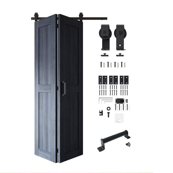 26 in. x 84 in. 5-in-1 Design Navy Solid Core Pine Wood Sliding Bi-fold Door with T-Shape Roller Hardware Kit