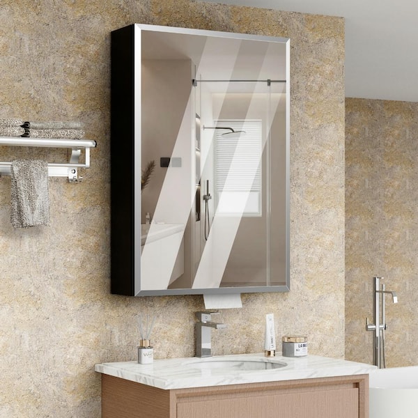 18 in. W x 26.8 in. H Rectangular Aluminum Surface Mount Medicine Cabinet with Mirror, Tissue Drawer Hole, 3x Magnifier