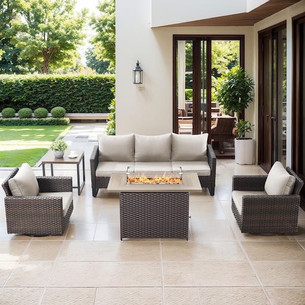 Gymojoy Valenta 5-Piece Brown Wicker Outdoor Conversation Swivel Chair Set Patio Fire Pit Seating Sofa Set with Beige Cushions