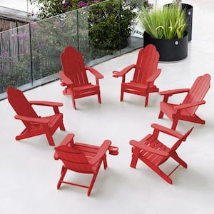 Recycled Red HDPS Folding Plastic Adirondack Chair Weather Resistant Patio Plastic Fire Pit Chairs (Set of 6)