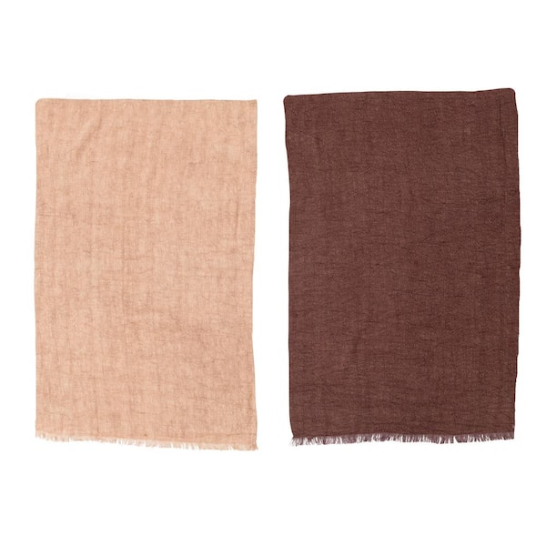 Storied Home Putty & Aubergine Soft Decorative Fringe Linen Tea Kitchen Towel (Set of 2)