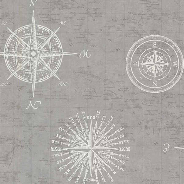 Beacon House Navigate Grey Vintage Compass Grey Paper Strippable Roll (Covers 56.4 sq. ft.)