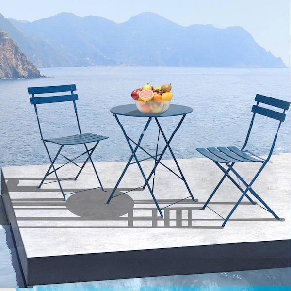Peacock Blue 3-Piece Metal Round Outdoor Bistro Set