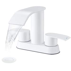 4 in. Centerset Double Handle Waterfall Spout Bathroom Vessel Sink Faucet with Pop Up Drain Kit in Matte White