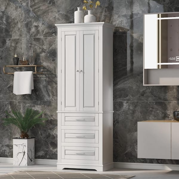 Unbranded 24 in. W x 15.7 in. D x 70 in. H MDF Tall Bathroom Storage Linen Cabinet with 3-Drawers in White
