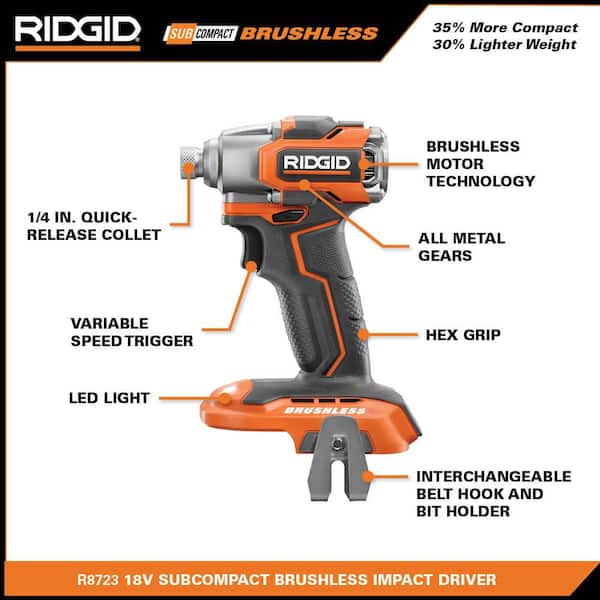 RIDGID - 18V Brushless SubCompact Drill Driver and Impact Driver Combo Kit with (2) 2.0 Ah Batteries, Charger and Bag
