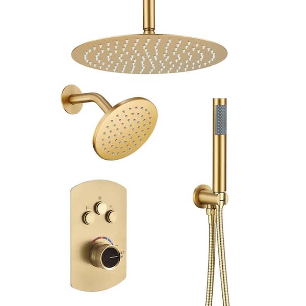 Pressure Balanced 3-Spray 12 in. Dual Shower Head Ceiling Mount Fixed and Handheld Shower Head 2.5 GPM in Brushed Gold
