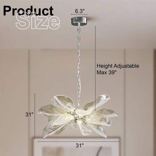 YUYI D23 in. 16-Light Silver Modern Chandelier, Crystal Leaf