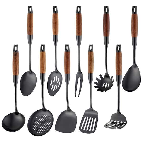 Stainless Steel Kitchen Utensils Set Wood Handle 18/10 Cooking Tools 10-Piece Spatula Spoon Ladle Skimmer