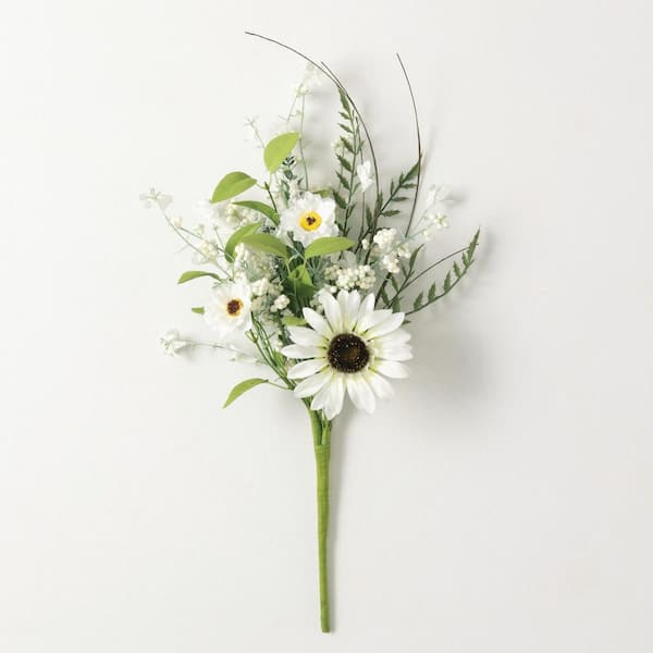 SULLIVANS 18 in. White Indoor Artificial Silk Sunflower and Wispy Berry Spray
