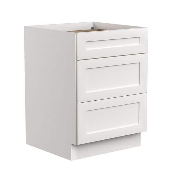 24 in. W x 21 in. D x 34 in. H Ready to Assemble Plywood Base Bathroom Cabinet in White with Three Drawers