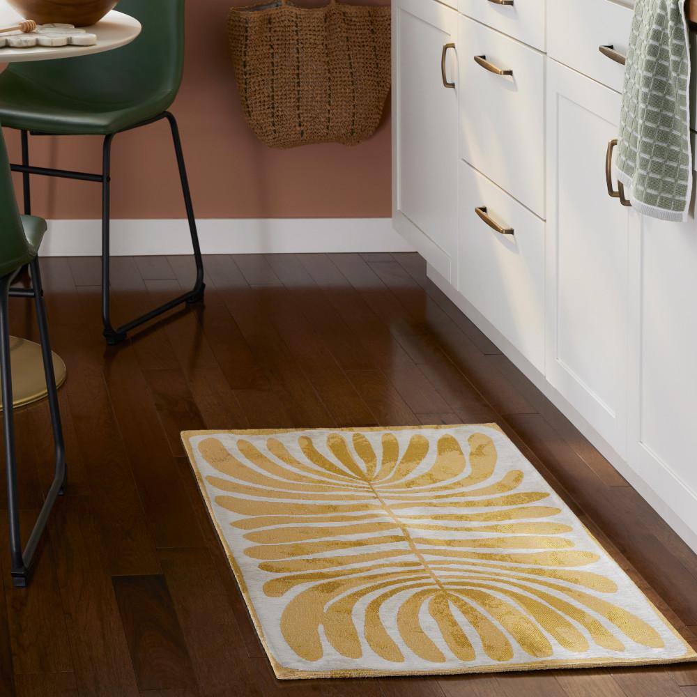 Gold and White Rectangular Washable Non-Slip Decorative Rug