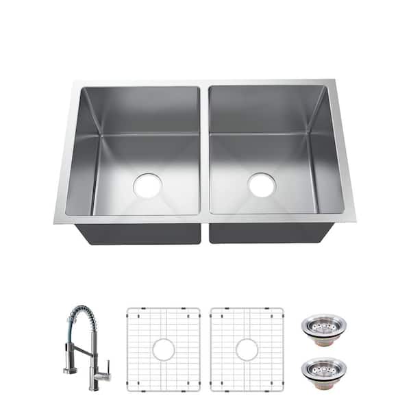 Glacier Bay Tight Radius 36 in. Undermount 50/50 Double Bowl 18 Gauge Stainless Steel Kitchen Sink with Spring Neck Faucet
