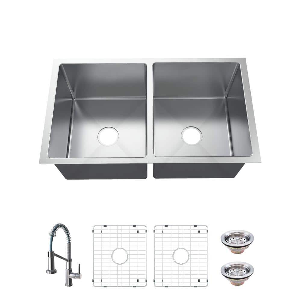 Glacier Bay All-in-One Tight Radius Undermount 18G Stainless Steel 36 in. 50/50 Double Bowl Kitchen Sink with Spring Neck Faucet, Silver