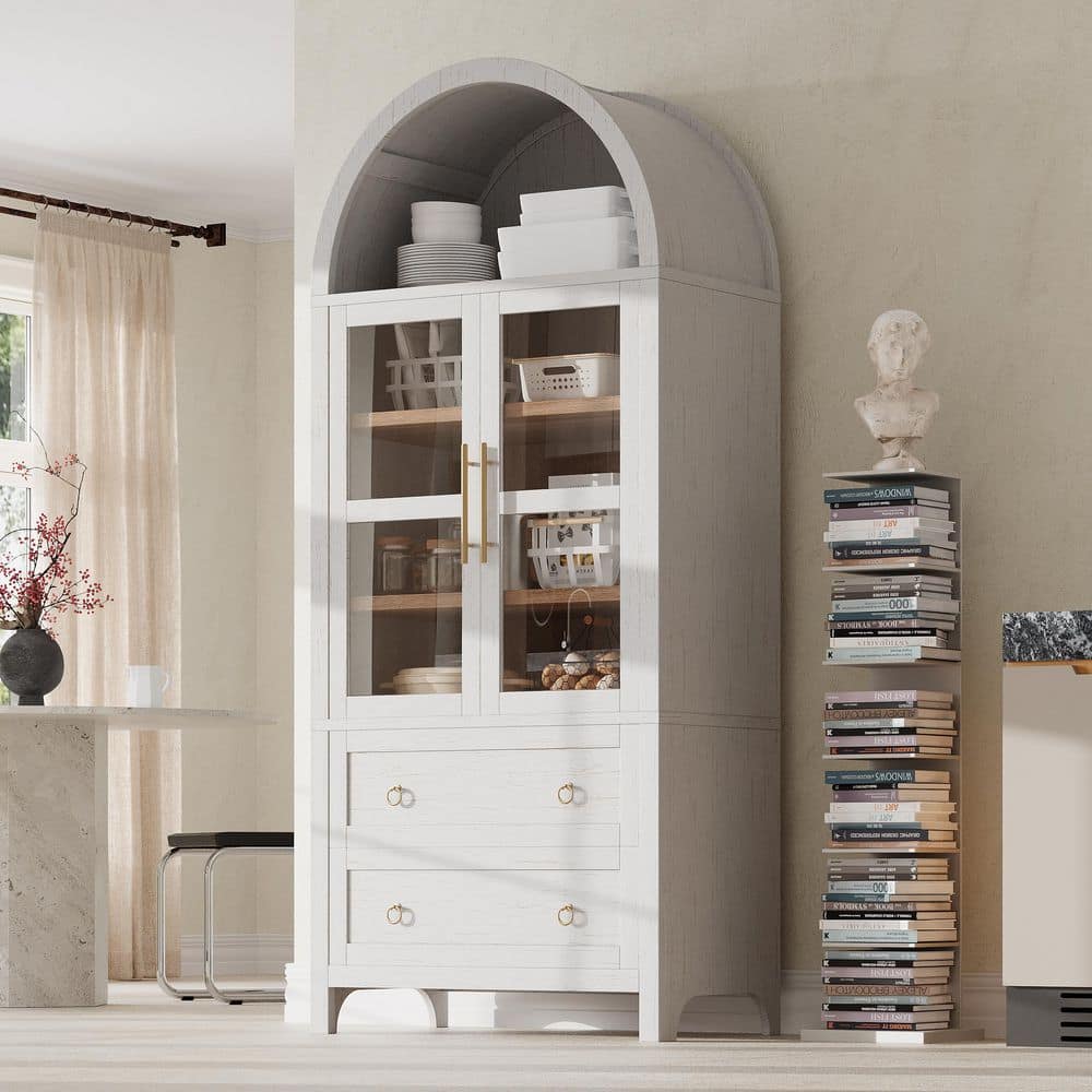 Modern 30 in. W x 16 in. D x 71 in. H White Wood Arched Freestanding Linen Cabinet with Glass Door and 2-Drawers