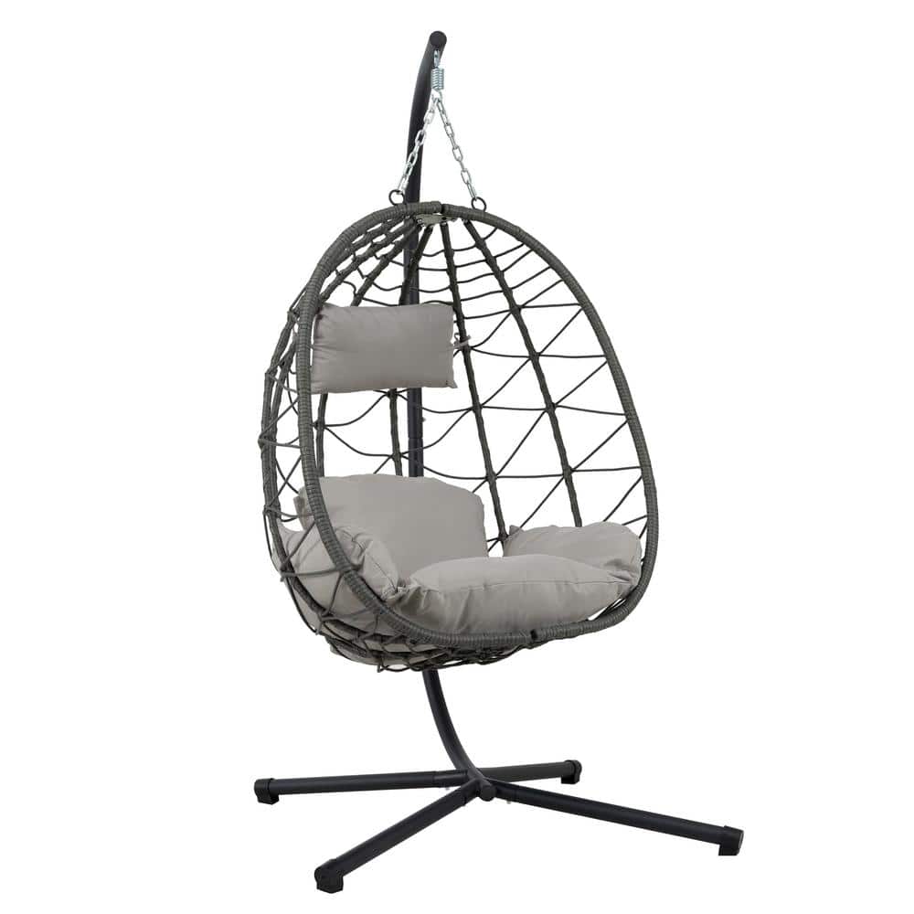 Light Gray 1-Person Wicker Porch Swing Egg Chair with Stand Indoor Hanging 