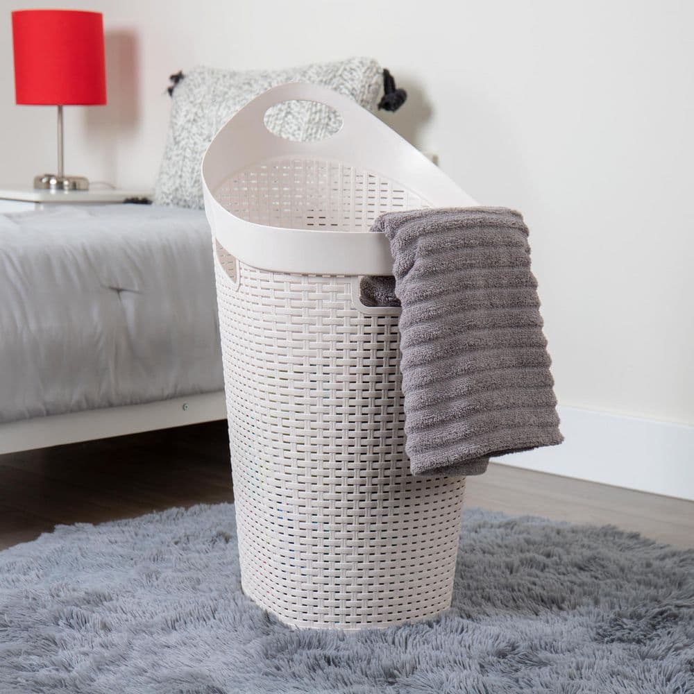 Ivory Wicker-look Plastic Upright Laundry Hamper with Wheels