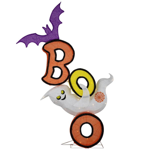 54 in. Lighted Bat and Ghost "BOO" Halloween Yard Stake Decoration-Warm White LED Lights
