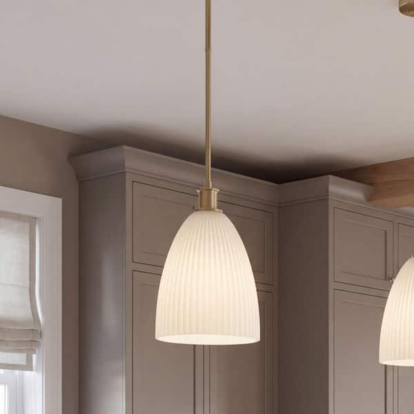Baldwin 10 in. W x 15.6 in. H 1-Light Noble Brass Transitional Pendant Light with White Opal Ribbed Glass Shade