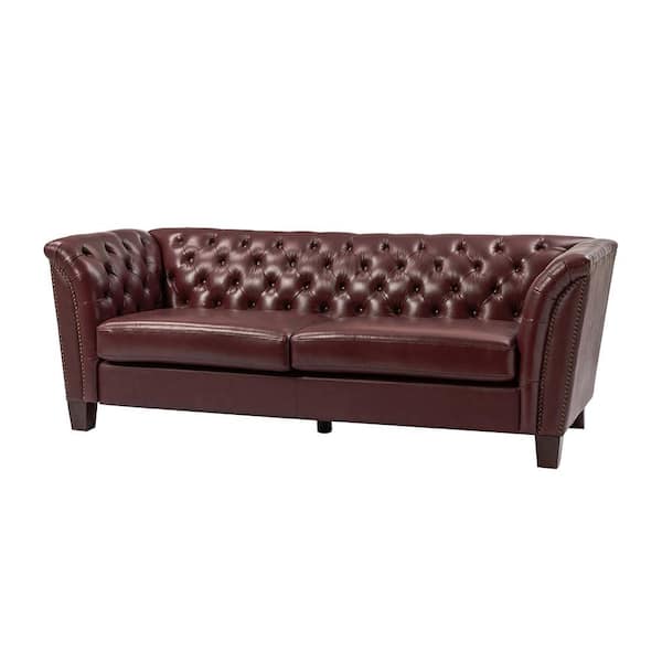 JAYDEN CREATION Andrea 82.5 in. Wide Burgundy Genuine Leather Rectangle Sofa with Tapered Wood Legs