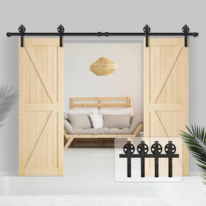12 ft./144 in. J-Shaped Sliding Double Barn Door Hardware Kit with Large Wheel Rollers