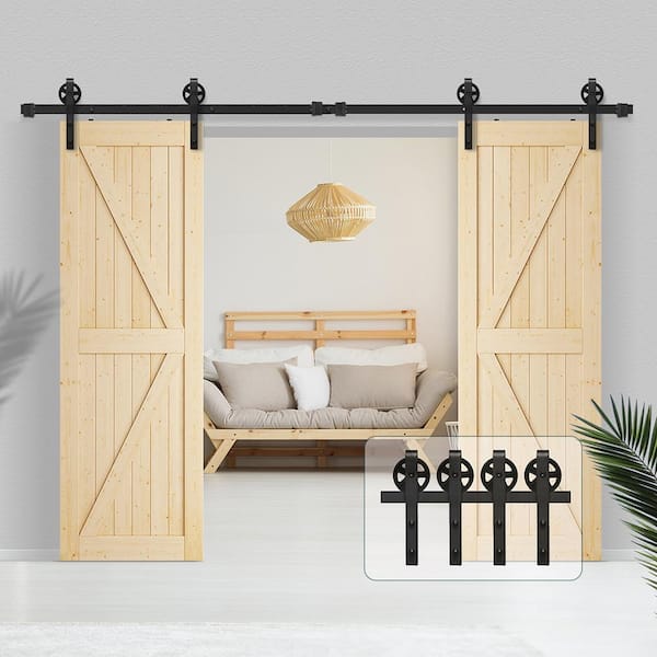 12 ft./144 in. J-Shaped Sliding Double Barn Door Hardware Kit with Large Wheel Rollers