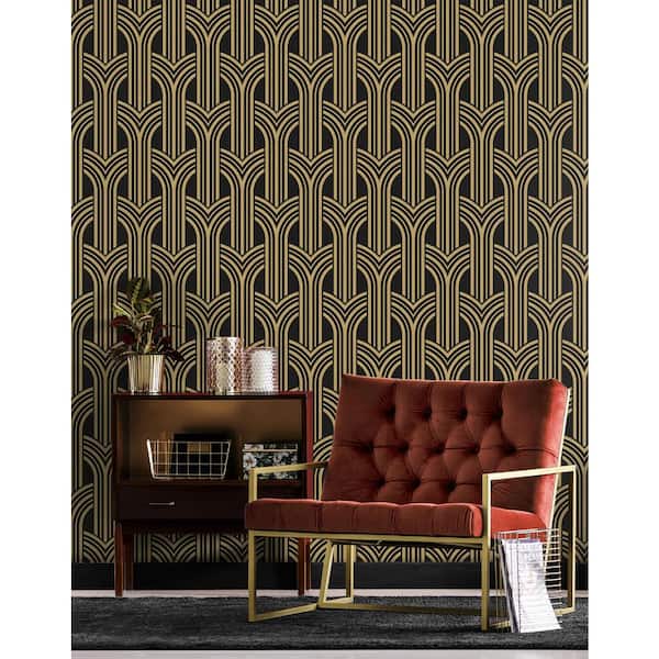 40.5 sq. ft. Ebony and Metallic Gold Deco Geometric Arches Vinyl Peel and Stick Wallpaper Roll