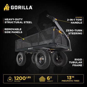 GORILLA CARTS 1,200 lb. Heavy-Duty Steel Utility Garden Cart, 6 cu. ft. Capacity, 13 in. Pneumatic Wheels, 2-in-1 Pull or Tow Handle GCG-1200