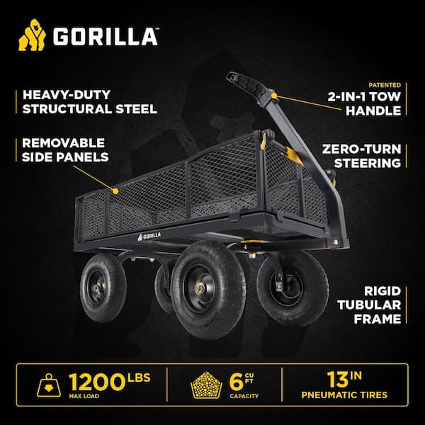 1,200 lb. Heavy-Duty Steel Utility Garden Cart, 6 cu. ft. Capacity, 13 in. Pneumatic Wheels, 2-in-1 Pull or Tow Handle
