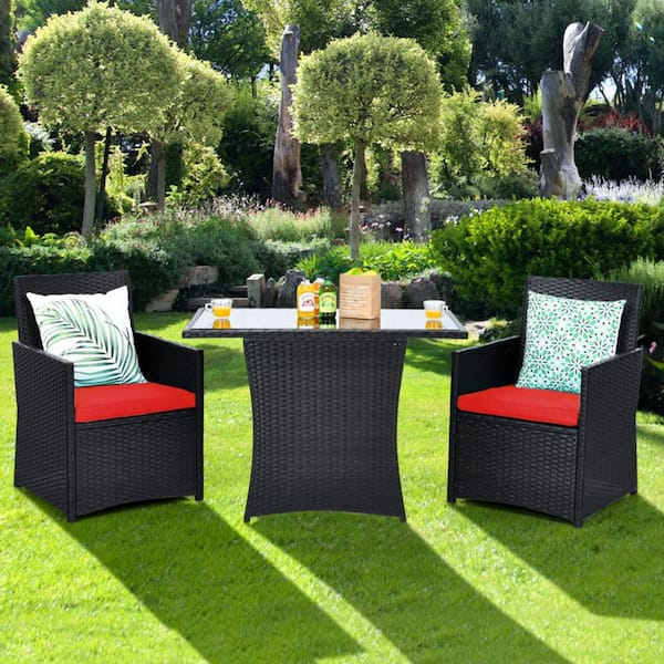 Kadehome 3-Piece Outdoor Wicker Rattan Patio Conversation Sofa Set with Cushion in Red