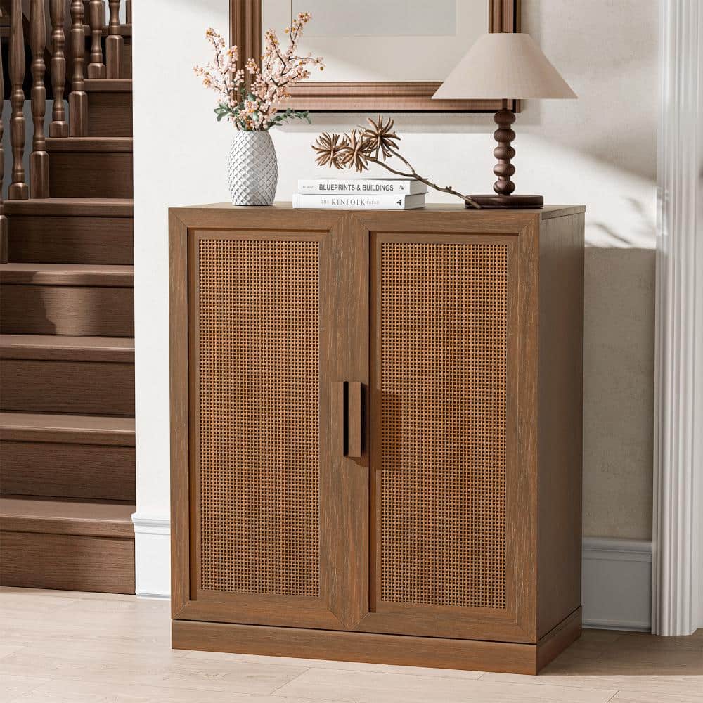 Light Walnut 36 in. H Storage Cabinet with Adjustable Shelves and Ventilated Rattan Mesh Double Doors