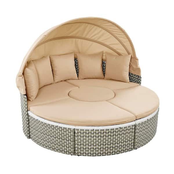 Sudzendf Gray Wicker Patio Outdoor Rattan Day Bed with Beige Cushions, Retractable Canopy and Separate Seating
