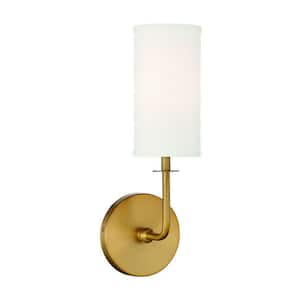 Powell 5 in. W x 15 in. H 1-Light Warm Brass Wall Sconce with Whit Fabric Cylindrical Shade