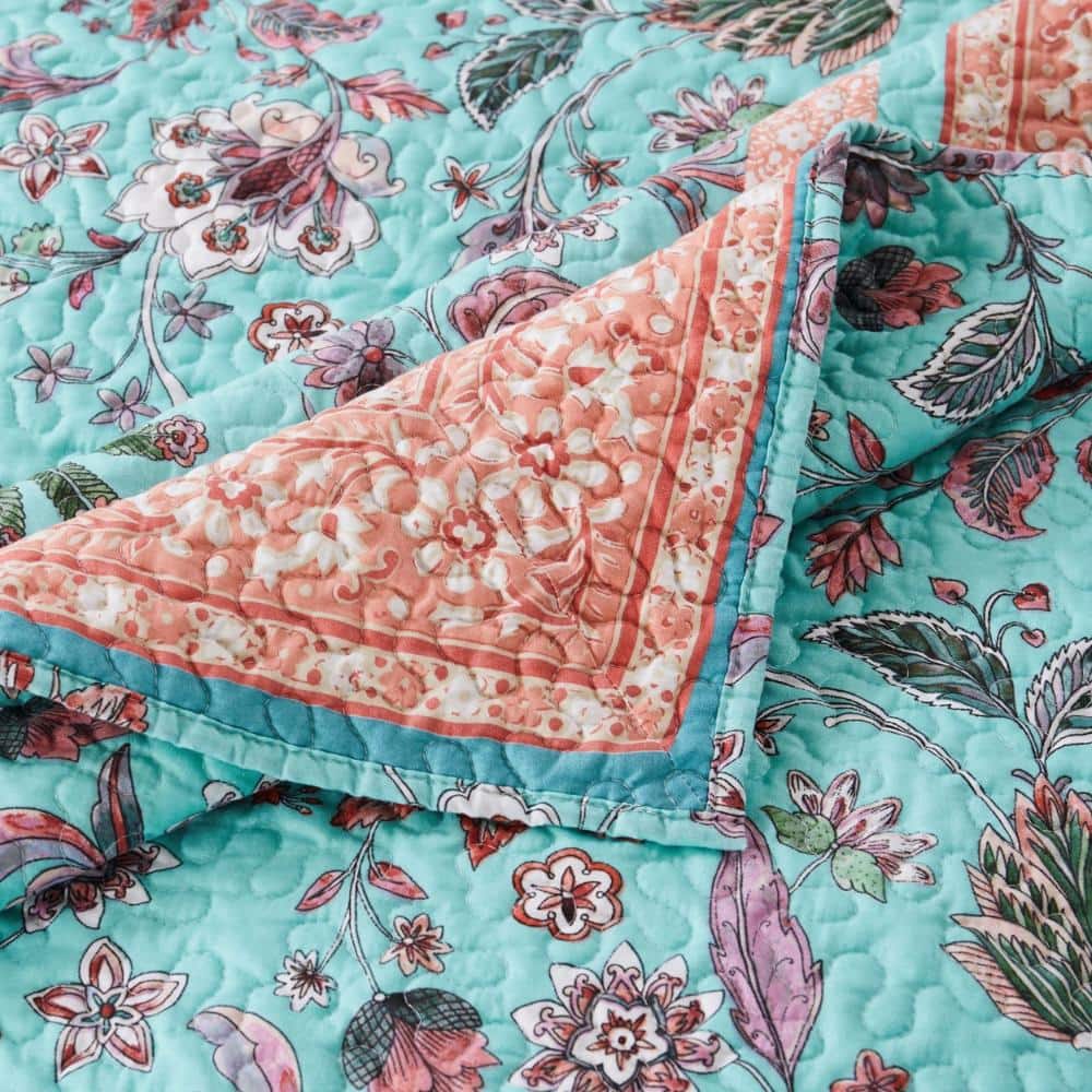 Turquoise and Coral Reversible Full Microfiber Quilt Set