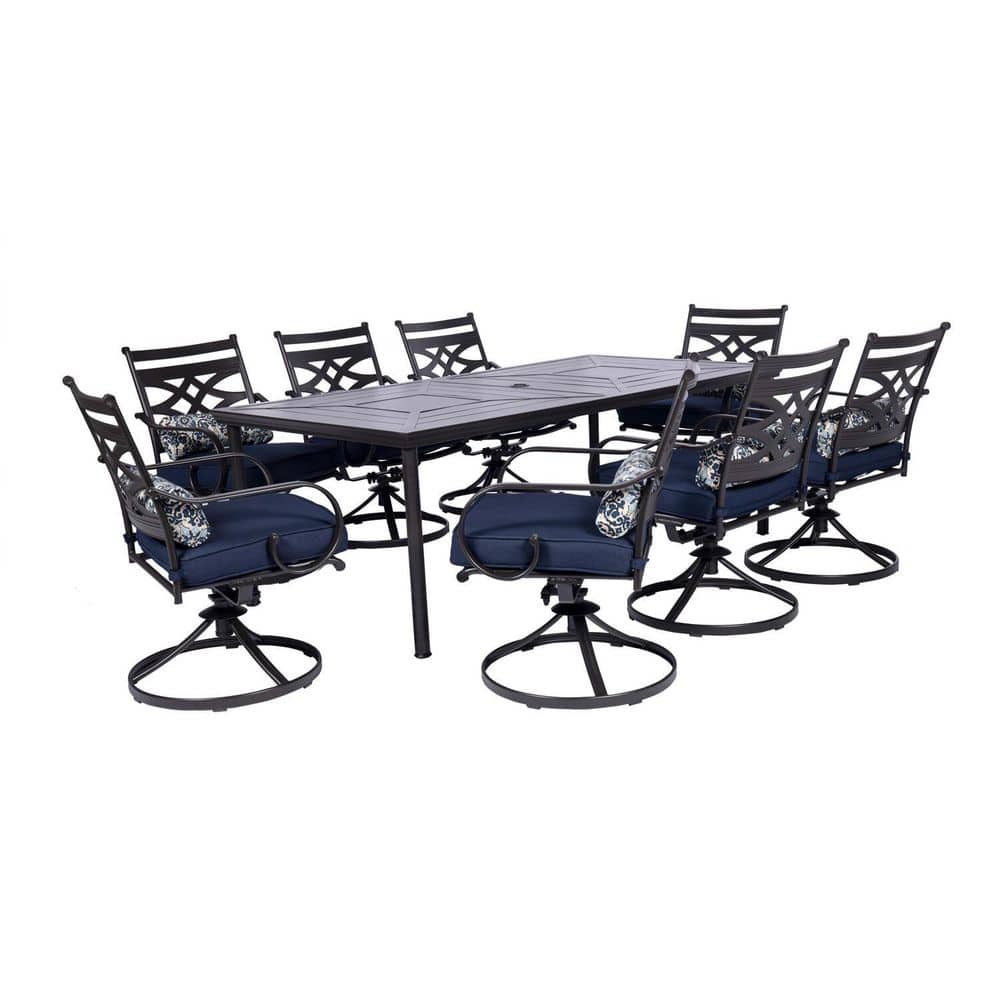 Montclair Navy Blue 9-Piece Steel Outdoor Dining Set with Swivel Rockers