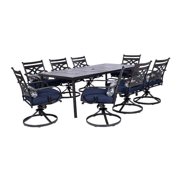 Hanover Montclair 9-Piece Steel Outdoor Dining Set with Navy Blue Cushions, 8 Swivel Rockers and 42 in. x 84 in. Table