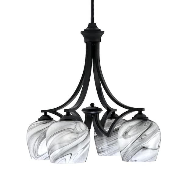 Unbranded Clevelend 4-Light Matte Black Chandelier, Round Chandelier with 6 in. Onyx Swirl Glass Shades, No bulbs included