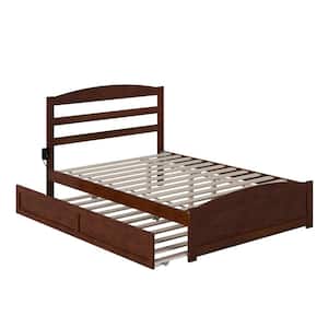Warren 53-1/2 in. W Walnut Full Wood Frame with Twin Pull Out Trundle Bed Footboard and USB Charger Platform Bed