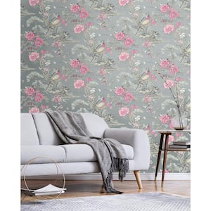 56 sq. ft. Bubblegum & Metallic Steel Linden Bird Floral Paper Unpasted Wallpaper Roll