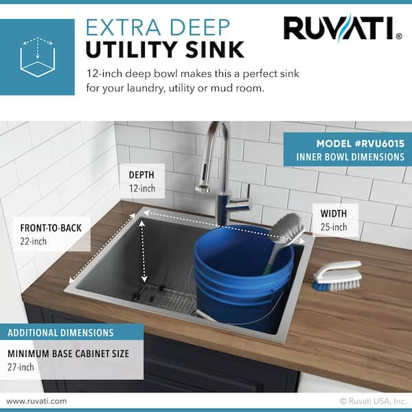 25 Dual Mount Drop-In 16 Gauge Single Bowl Deep Laundry Utility Sink