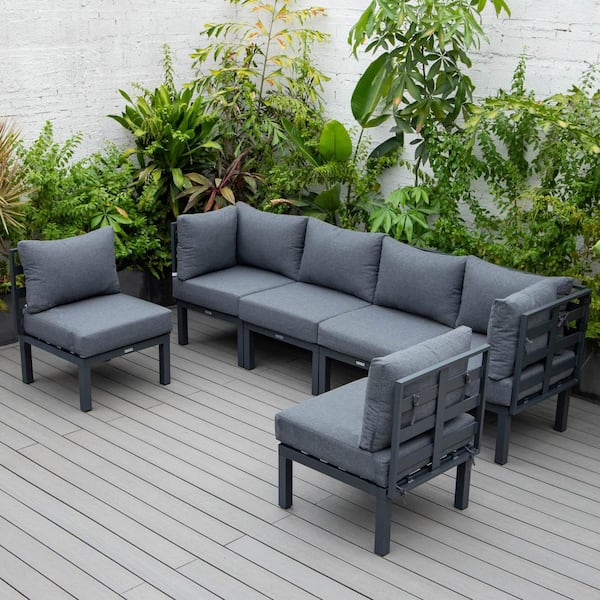 Leisuremod Chelsea Black 6-Piece Aluminum Outdoor Patio Sectional with Black Cushions