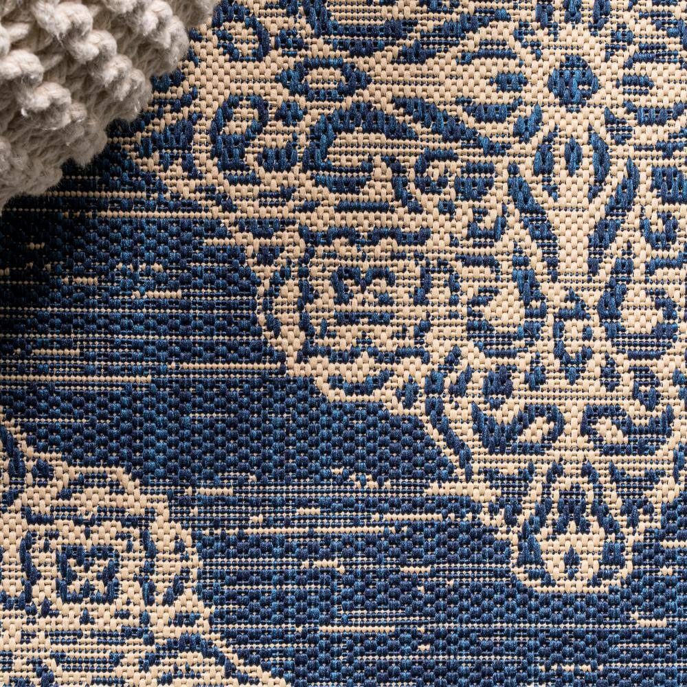 Navy/Beige Medallion 4'x6' Reversible Indoor/Outdoor Rug