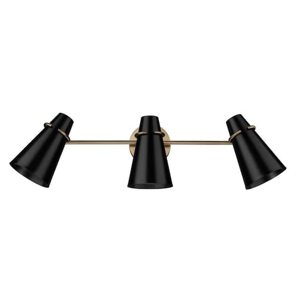 Golden Lighting Reeva 26.125 in. 3-Light Modern Brass Vanity Light with Matte Black Sade