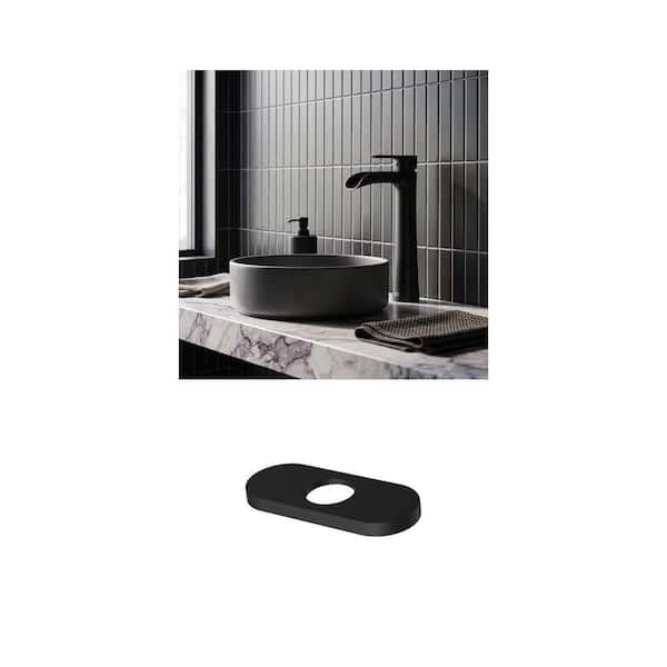 Niko Single Handle Vessel Waterfall Faucet and 5.5 in. Deck Plate in Matte Black Combo (2-Piece)
